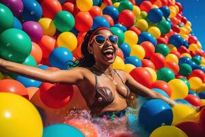 un negro mujer en un juguetón, vistoso dos piezas traje de baño salpicaduras alrededor en el superficial final de un piscina, rodeado por inflable juguetes y playa pelotas. el Dom es alto en el cielo. generativo ai foto