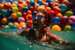 un negro mujer en un juguetón, vistoso dos piezas traje de baño salpicaduras alrededor en el superficial final de un piscina, rodeado por inflable juguetes y playa pelotas. el Dom es alto en el cielo. generativo ai foto