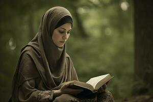un mujer leyendo el corán el atención en el mujer s pacífico expresión como ella lee el santo libro. el antecedentes ser borroso a dar el imagen un de ensueño. generativo ai foto