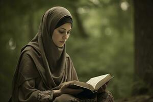 A woman reading the Quran. The focus on the woman s peaceful expression as she reads the holy book. The background be blurred to give the image a dreamlike. Generative AI photo