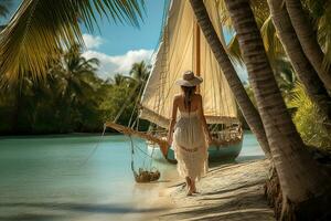 un mujer con de madera velero como eso en el cristal turquesa aguas, pasado playas flecos con Coco palmas y manglares un sentido de paz y armonía con naturaleza impregna el imágenes generativo ai foto