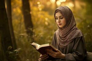 A woman reading the Quran. The focus on the woman s peaceful expression as she reads the holy book. The background be blurred to give the image a dreamlike. Generative AI photo