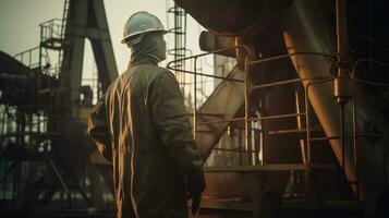 A worker inspection area of the oil rig and the industrial equipment. Generative AI photo