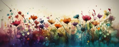 Abstract colorful flower meadow on watercolor paper background. Floral Banner concept. Generative AI. photo