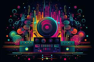 Abstract vector poster with colorful dj console, big speakers, fireworks, light bulbs, glitter, people dance, equalizer bars in background. Concept dance party. Generative AI photo