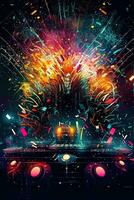 Abstract vector poster with colorful dj console, big speakers, fireworks, light bulbs, glitter, people dance, equalizer bars in background. Concept dance party. Generative AI photo