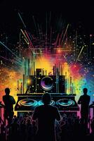 Abstract vector poster with colorful dj console, big speakers, fireworks, light bulbs, glitter, people dance, equalizer bars in background. Concept dance party. Generative AI photo