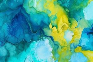 Abstract colorful watercolor paint blue green yellow background. Liquid fluid texture for background, banner , print. Generative AI photo
