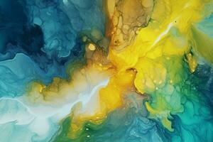 Abstract colorful watercolor paint blue green yellow background. Liquid fluid texture for background, banner , print. Generative AI photo