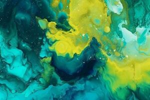 Abstract colorful watercolor paint blue green yellow background. Liquid fluid texture for background, banner , print. Generative AI photo