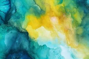 Abstract colorful watercolor paint blue green yellow background. Liquid fluid texture for background, banner , print. Generative AI photo