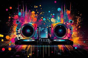 Abstract vector poster with colorful dj console, big speakers, fireworks, light bulbs, glitter, people dance, equalizer bars in background. Concept dance party. Generative AI photo