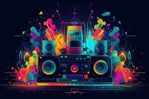 Abstract vector poster with colorful dj console, big speakers, fireworks, light bulbs, glitter, people dance, equalizer bars in background. Concept dance party. Generative AI photo