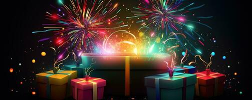 Abstract illustration of party with gift, glitter, fireworks and confetti. Generative AI photo