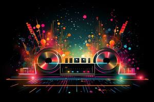 Abstract vector poster with colorful dj console, big speakers, fireworks, light bulbs, glitter, equalizer bars in background. Concept dance party. Generative AI photo