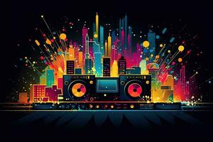 Abstract vector poster with colorful dj console, big speakers, fireworks, light bulbs, glitter, equalizer bars in background. Concept dance party. Generative AI photo