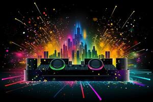 Abstract vector poster with colorful dj console, big speakers, fireworks, light bulbs, glitter, equalizer bars in background. Concept dance party. Generative AI photo