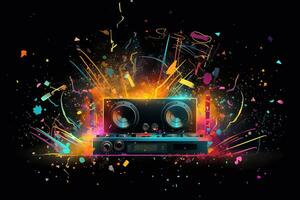 Abstract vector poster with colorful dj console, big speakers, fireworks, light bulbs, glitter, people dance, equalizer bars in background. Concept dance party. Generative AI photo