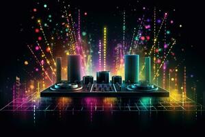 Abstract vector poster with colorful dj console, big speakers, fireworks, light bulbs, glitter, equalizer bars in background. Concept dance party. Generative AI photo