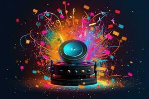 Abstract vector poster with colorful dj console, big speakers, fireworks, light bulbs, glitter, people dance, equalizer bars in background. Concept dance party. Generative AI photo