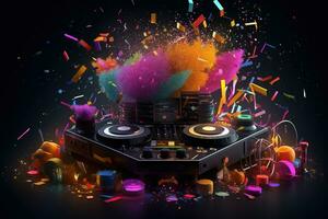 Abstract vector poster with colorful dj console, big speakers, fireworks, light bulbs, glitter, equalizer bars in background. Concept dance party. Generative AI photo