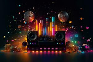 Abstract vector poster with colorful dj console, big speakers, fireworks, light bulbs, glitter, people dance, equalizer bars in background. Concept dance party. Generative AI photo