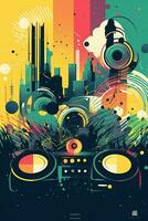 Abstract vector poster with colorful dj console, big speakers, fireworks, light bulbs, glitter, people dance, equalizer bars in background. Concept dance party. Generative AI photo