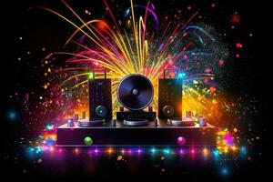 Abstract vector poster with colorful dj console, big speakers, fireworks, light bulbs, glitter, people dance, equalizer bars in background. Concept dance party. Generative AI photo