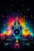 Abstract vector poster with colorful dj console, big speakers, fireworks, light bulbs, glitter, people dance, equalizer bars in background. Concept dance party. Generative AI photo