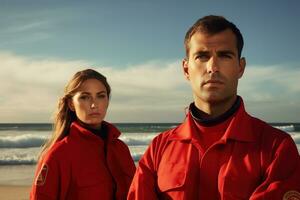 Advertising portrait shot of a baywatch guards in red swimsuits standing together in a Lifeguard Tower and they look at the camera. Generative AI photo