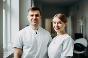 publicidad retrato Disparo de un dentista en pie juntos en un dental práctica y ellos Mira a el cámara. generativo ai foto