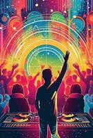 Abstract vector poster with colorful dj console, big speakers, fireworks, light bulbs, glitter, people dance, equalizer bars in background. Concept dance party. Generative AI photo