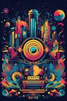 Abstract vector poster with colorful dj console, big speakers, fireworks, light bulbs, glitter, people dance, equalizer bars in background. Concept dance party. Generative AI photo