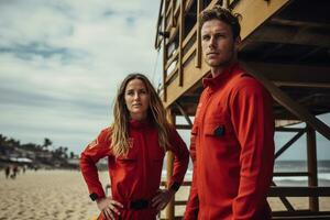 Advertising portrait shot of a baywatch guards in red swimsuits standing together in a Lifeguard Tower and they look at the camera. Generative AI photo