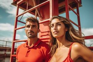 Advertising portrait shot of a baywatch guards in red swimsuits standing together in a Lifeguard Tower and they look at the camera. Generative AI photo