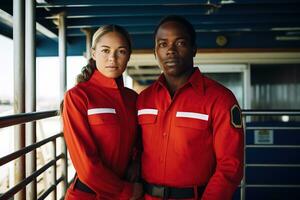 Advertising portrait shot of a baywatch guards in red swimsuits standing together in a Lifeguard Tower and they look at the camera. Generative AI photo