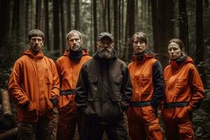 publicidad retrato Disparo de un leñador equipo en pie juntos en un bosque y ellos Mira a el cámara. generativo ai foto