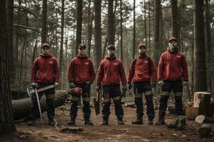 Advertising portrait shot of a woodcutter team standing together in a forest and they look at the camera. Generative AI photo