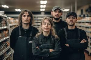 Advertising portrait shot of a worker team standing together in a supermarket and they look at the camera. Generative AI photo