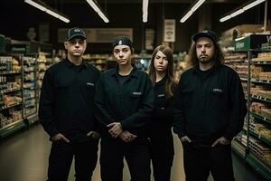 Advertising portrait shot of a worker team standing together in a supermarket and they look at the camera. Generative AI photo