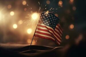 The American flag wave through the night sky with lit sparkler and fireworks in the background. 4 july independence day . Concept Patriotic holiday. Generative AI. photo