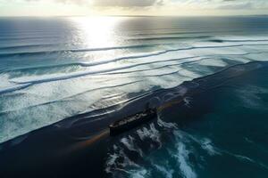 Black silhouette of an oil tanker in the distance, pumping more oil.Aerial view of a vast oil spill enveloping the ocean, shimmering waves of crude oil as far as the eye can see. Generative AI photo