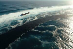 Black silhouette of an oil tanker in the distance, pumping more oil.Aerial view of a vast oil spill enveloping the ocean, shimmering waves of crude oil as far as the eye can see. Generative AI photo