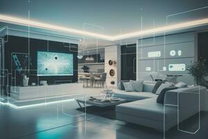 Home interior, showcasing smart home technology and AI-driven automation. Generative AI. photo