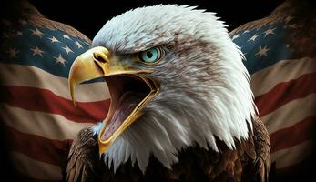 Angry North American bald eagle over American flag. Patriotic holiday celebrate 4th of July. Generative AI. photo