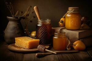 Honey-themed still life, showcasing a beautifully composed arrangement of honey related items, such as a jar of honey, a wooden honey dipper, a beeswax candle, and a delicate honeycomb. Generative AI photo