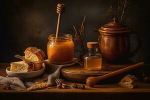 Honey-themed still life, showcasing a beautifully composed arrangement of honey related items, such as a jar of honey, a wooden honey dipper, a beeswax candle, and a delicate honeycomb. Generative AI photo