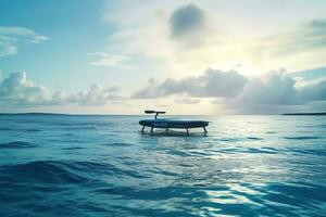 An autonomous ocean cleanup drone skimming the surface of the water, collecting plastic waste using advanced technology. The drone is solar-powered and innovative engineering. Generative AI photo