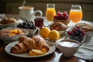 de inspiración francesa desayuno de mantecoso, escamoso cruasanes, servido con un selección de Fruta conservas, suave queso, y un maceta de recién elaborada café. generativo ai foto