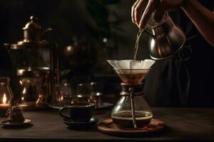 Coffee brewing scene, featuring a skilled barista meticulously pouring hot water over freshly ground coffee beans in a glass dripper, set against a clean, crisp counter or table surface. Generative AI photo